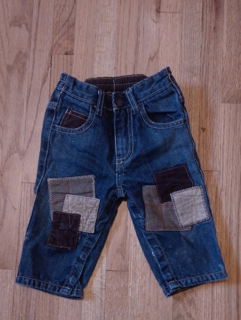 Sean John Blue Denim Patchwork Jeans with Brown Accents Designer Baby Jeans 3-6M